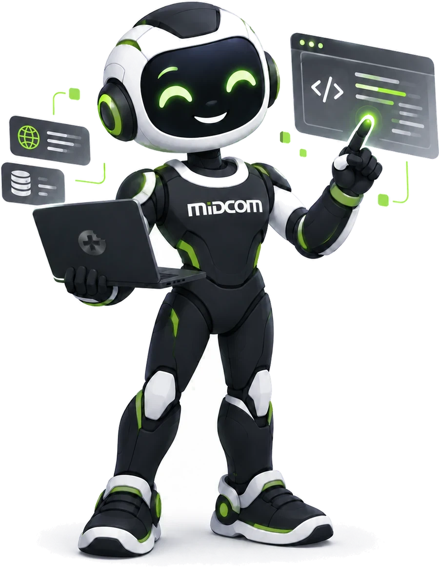 Mascote da Midcom: um robô sorridente segurando um notebook e apontando para uma tela de código